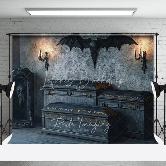 Lofaris Spooky Gothic Vampire Coffin and Skull Holiday Backdrop Dark Haunted Castle Theme Party Decor with Candles