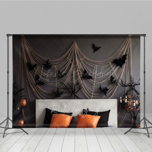 Lofaris Spooky Halloween Bedroom Photography Backdrop Headboard with Gauze Spiderwebs and Bats Haunted House Photo Prop