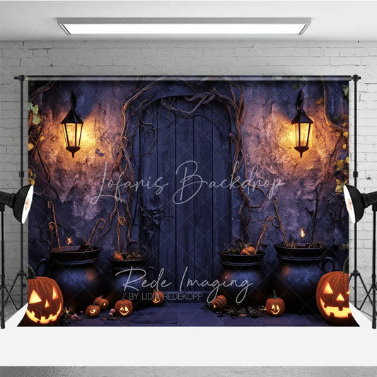 Lofaris Spooky Halloween Door Holiday Backdrop Featuring Glowing Jack-o-Lanterns Cauldrons and Twisted Vines