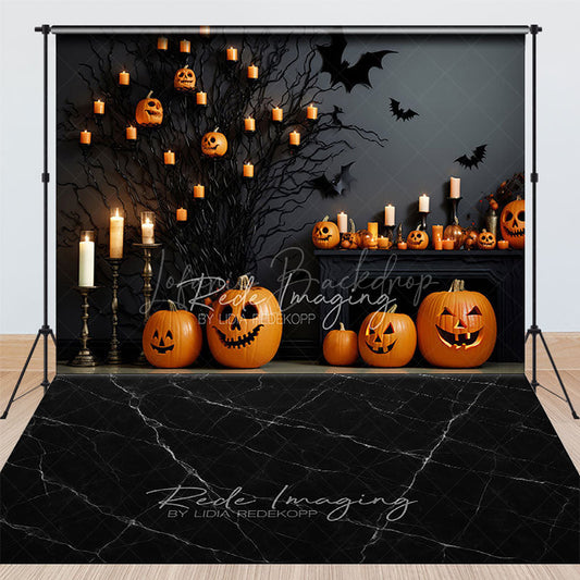 Lofaris Spooky Halloween Fireplace and Floor Combo Set Backdrop Mantel with Jack O’ Lanterns Gothic Studio Photo Prop