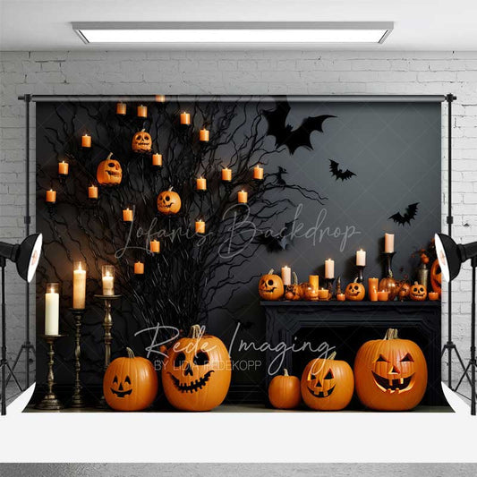 Lofaris Spooky Halloween Fireplace Photography Backdrop Mantel with Jack O’ Lanterns and Candles Gothic Bats Wall Decor