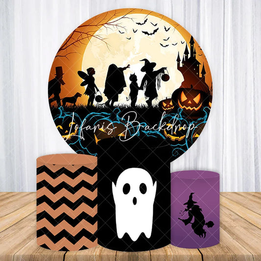 Lofaris Spooky Halloween Full Moon Haunted Castle Jack-O-Lanterns Round Backdrop Kit Trick or Treat Party with Pedestal Covers