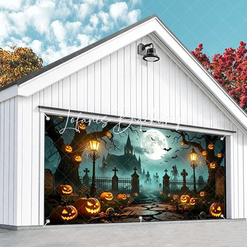 Lofaris Spooky Halloween Graveyard Garage Door Banner with Full Moon Bats Jack-o’-Lanterns and Skeletons Haunted Night Decor