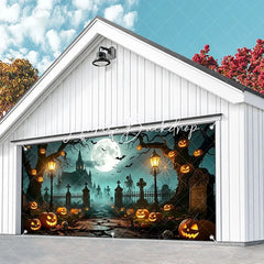 Lofaris Spooky Halloween Graveyard Garage Door Banner with Full Moon Bats Jack-o’-Lanterns and Skeletons Haunted Night Decor