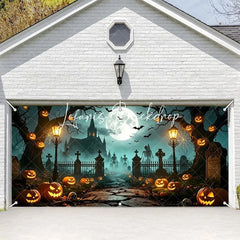 Lofaris Spooky Halloween Graveyard Garage Door Banner with Full Moon Bats Jack-o’-Lanterns and Skeletons Haunted Night Decor