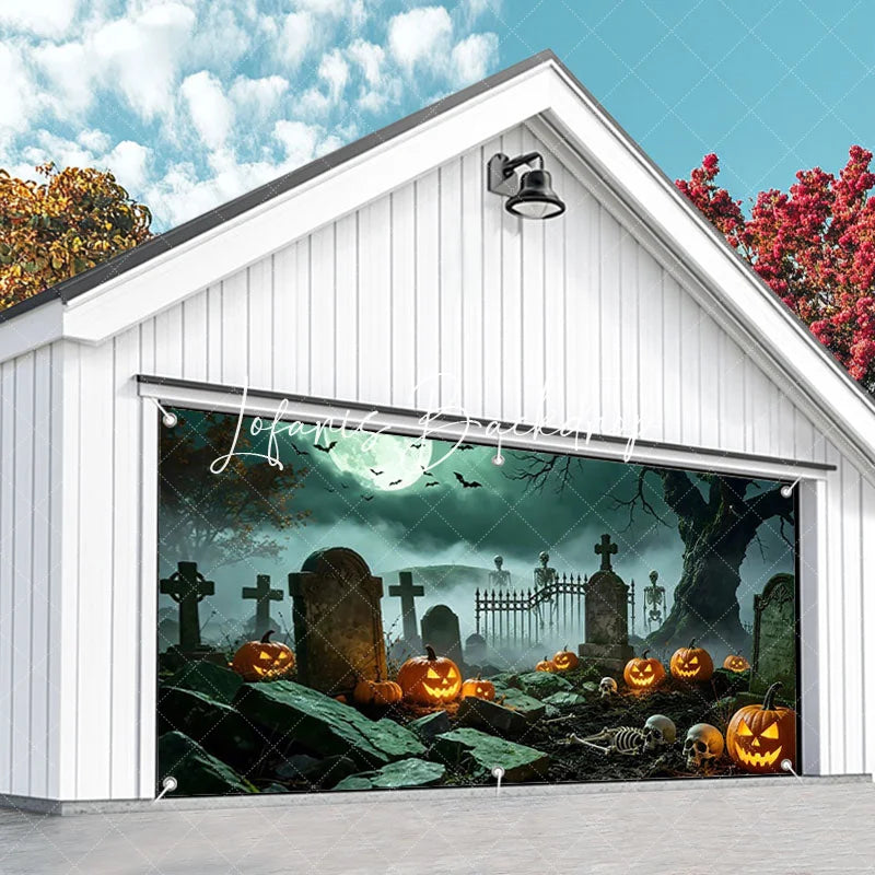 Lofaris Spooky Halloween Graveyard Garage Door Banner with Glowing Jack-o-Lanterns Skeletons and Full Moon