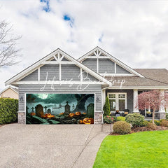 Lofaris Spooky Halloween Graveyard Garage Door Banner with Glowing Jack-o-Lanterns Skeletons and Full Moon