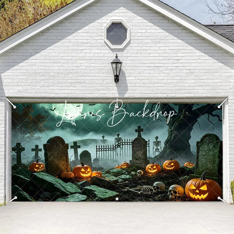Lofaris Spooky Halloween Graveyard Garage Door Banner with Glowing Jack-o-Lanterns Skeletons and Full Moon