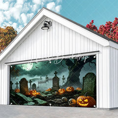 Lofaris Spooky Halloween Graveyard Garage Door Banner with Glowing Jack-o-Lanterns Skeletons and Full Moon