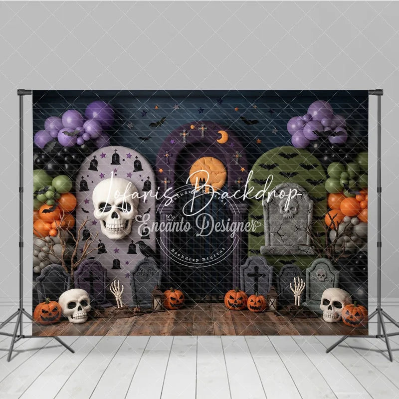 Lofaris Spooky Halloween Graveyard Photography Backdrop with Skulls Pumpkins Bats and Purple Balloon Garland for Party Decor