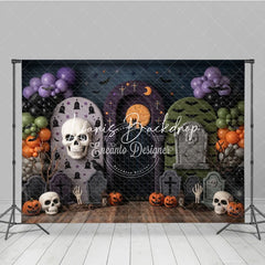 Lofaris Spooky Halloween Graveyard Photography Backdrop with Skulls Pumpkins Bats and Purple Balloon Garland for Party Decor