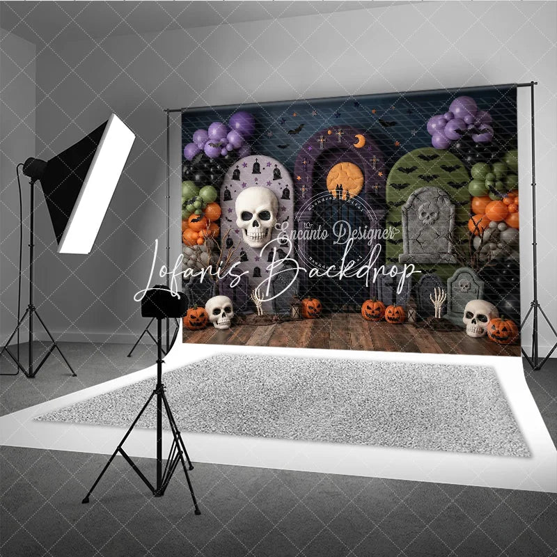 Lofaris Spooky Halloween Graveyard Photography Backdrop with Skulls Pumpkins Bats and Purple Balloon Garland for Party Decor
