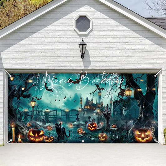 Lofaris Spooky Halloween Haunted Castle Garage Door Banner with Full Moon Lightning Bats and Jack-o’-Lanterns Party Decor
