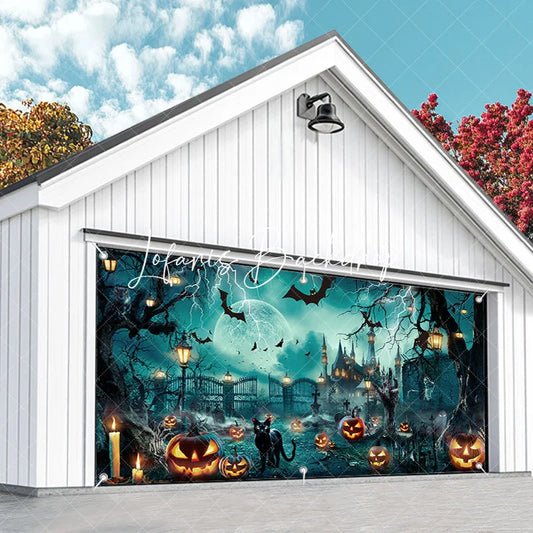 Lofaris Spooky Halloween Haunted Castle Garage Door Banner with Full Moon Lightning Bats and Jack-o’-Lanterns Party Decor