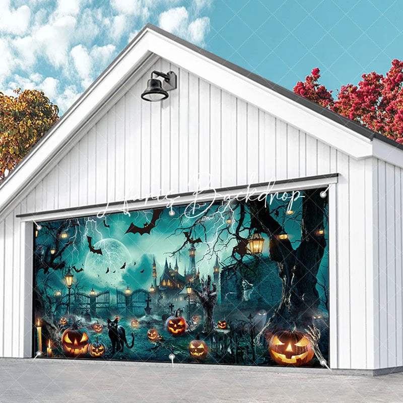 Lofaris Spooky Halloween Haunted Castle Garage Door Banner with Full Moon Lightning Bats and Jack-o’-Lanterns Party Decor