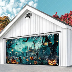Lofaris Spooky Halloween Haunted Castle Garage Door Banner with Full Moon Lightning Bats and Jack-o’-Lanterns Party Decor