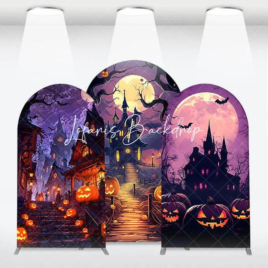 Lofaris Spooky Halloween Haunted House and Full Moon Arch Backdrop Kit Purple Orange Night Party Decor