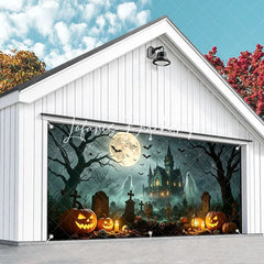 Lofaris Spooky Halloween Haunted Mansion and Graveyard Garage Door Banner with Jack-o’-Lanterns Ghosts Bats Decor