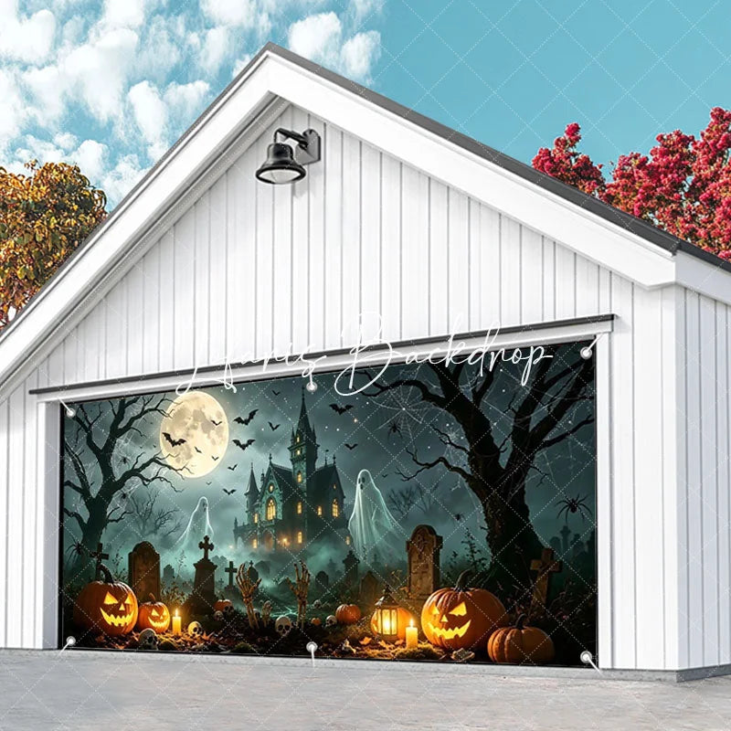 Lofaris Spooky Halloween Haunted Mansion and Graveyard Garage Door Banner with Jack-o’-Lanterns Ghosts Bats Decor