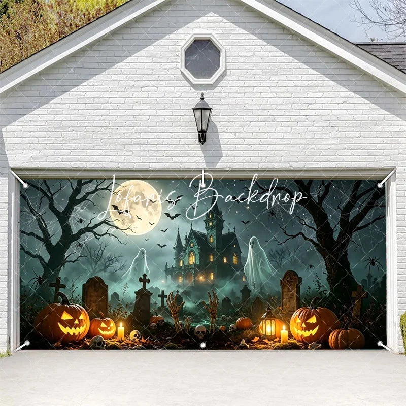 Lofaris Spooky Halloween Haunted Mansion and Graveyard Garage Door Banner with Jack-o’-Lanterns Ghosts Bats Decor