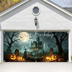 Lofaris Spooky Halloween Haunted Mansion and Graveyard Garage Door Banner with Jack-o’-Lanterns Ghosts Bats Decor
