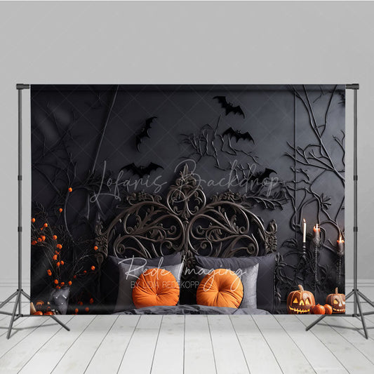 Lofaris Spooky Halloween Headboard Photography Backdrop Gothic Bed with Black Branches and Bats Moody Bedroom Photo Prop