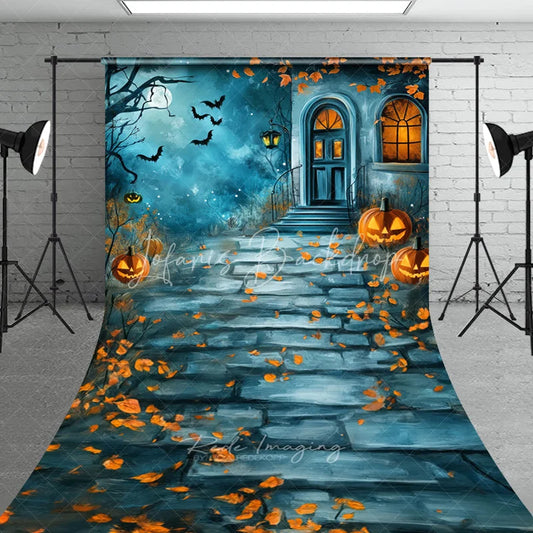 Lofaris Spooky Halloween House Entrance with Jack-o’-Lanterns and Bats Sweep Backdrop Moonlit Autumn Night Party Decor