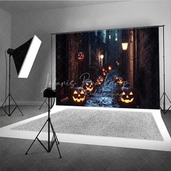 Lofaris Spooky Halloween Jack-o-Lantern Alley Night Holiday Backdrop Dark Brick Wall Street Scene with Glowing Pumpkins