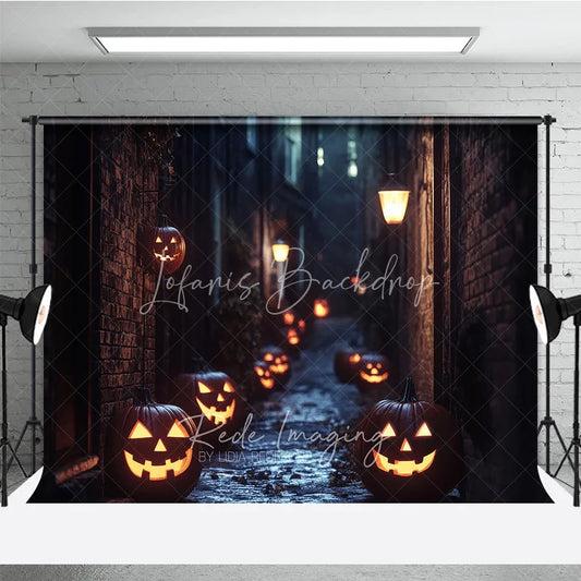 Lofaris Spooky Halloween Jack-o-Lantern Alley Night Holiday Backdrop Dark Brick Wall Street Scene with Glowing Pumpkins