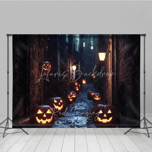 Lofaris Spooky Halloween Jack-o-Lantern Alley Night Holiday Backdrop Dark Brick Wall Street Scene with Glowing Pumpkins