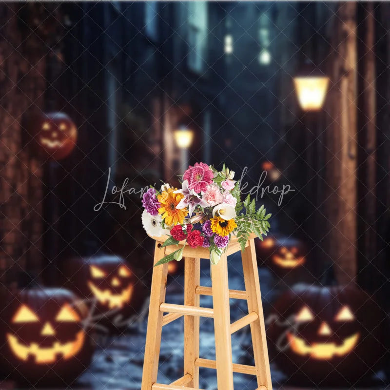 Lofaris Spooky Halloween Jack-o-Lantern Alley Night Holiday Backdrop Dark Brick Wall Street Scene with Glowing Pumpkins