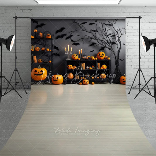 Lofaris Spooky Halloween Jack-o’-lanterns and Bats Sweep Backdrop Dark Wall with Bare Tree Candles Festive Party Decor