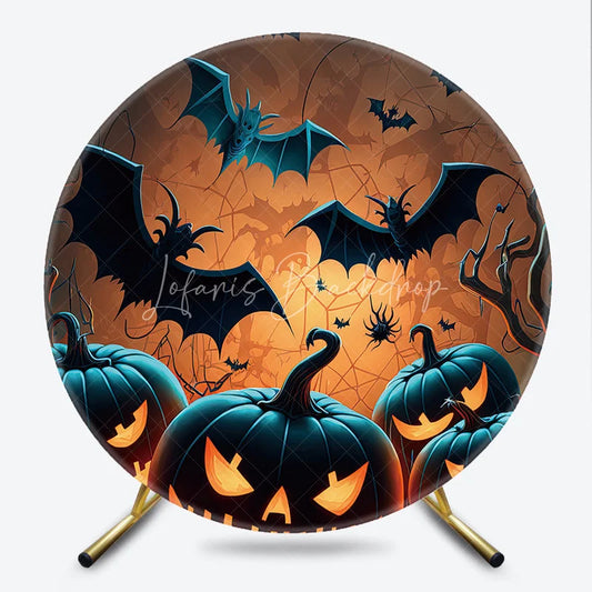 Lofaris Spooky Halloween Jack-o-lanterns and Flying Bats Round Backdrop Eerie Tree Branches Party Decor
