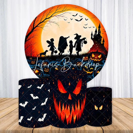 Lofaris Spooky Halloween Moon and Haunted Castle Round Backdrop Kit Trick or Treat Pumpkin Cylinder Pedestal Covers