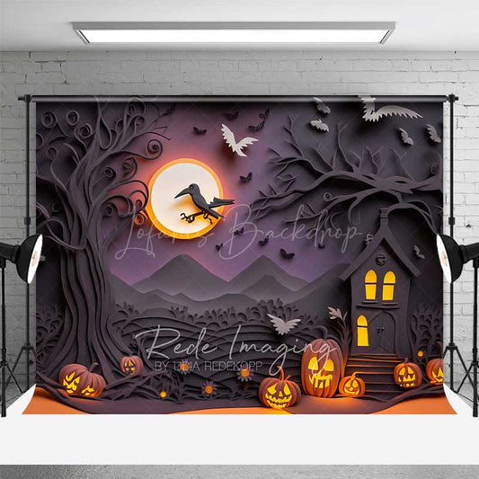Lofaris Spooky Halloween Night Photography Backdrop Haunted House Silhouette with Full Moon Jack O’ Lanterns and Bats