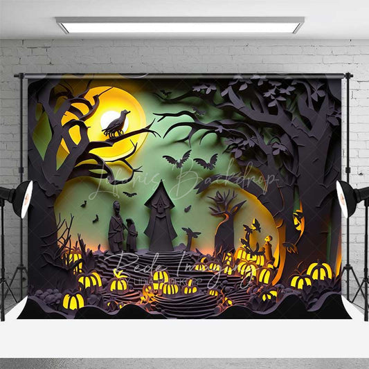 Lofaris Spooky Halloween Night Photography Backdrop Paper Cutout Forest Silhouette with Full Moon and Jack O’ Lanterns