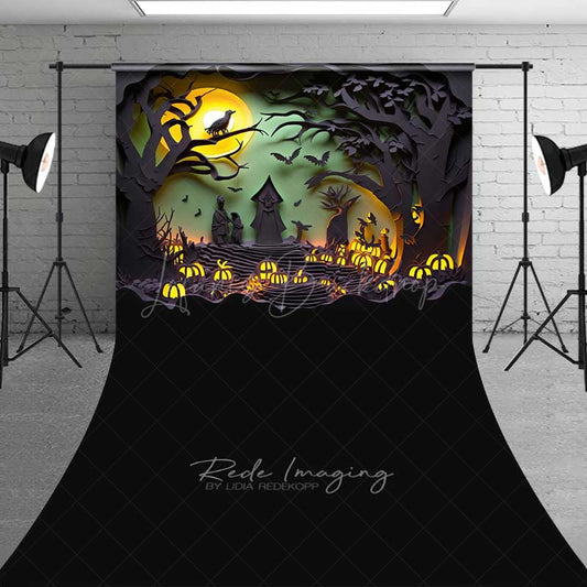 Lofaris Spooky Halloween Night Sweep Photography Backdrop with Floor Paper Cutout Forest Silhouette and Jack O’ Lanterns