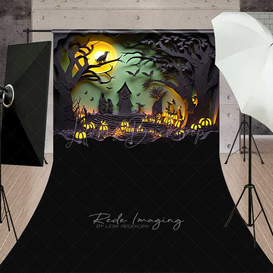 Lofaris Spooky Halloween Night Sweep Photography Backdrop with Floor Paper Cutout Forest Silhouette and Jack O’ Lanterns