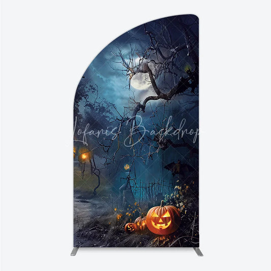 Lofaris Spooky Halloween Night with Full Moon and Bare Trees half arch backdrop Glowing Jack-O-Lanterns Party Decor