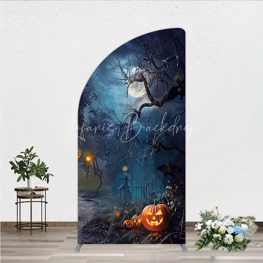 Lofaris Spooky Halloween Night with Full Moon and Bare Trees half arch backdrop Glowing Jack-O-Lanterns Party Decor