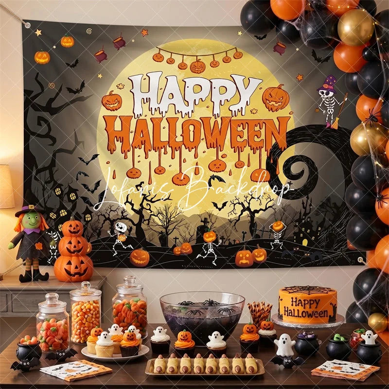 Lofaris Spooky Halloween Party Backdrop Full Moon Pumpkins Skeletons Bats Haunted House Decor for Celebration