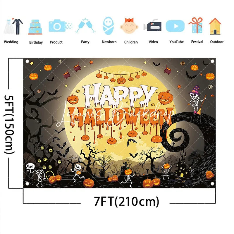 Lofaris Spooky Halloween Party Backdrop Full Moon Pumpkins Skeletons Bats Haunted House Decor for Celebration