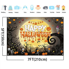 Lofaris Spooky Halloween Party Backdrop Full Moon Pumpkins Skeletons Bats Haunted House Decor for Celebration
