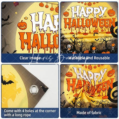 Lofaris Spooky Halloween Party Backdrop Full Moon Pumpkins Skeletons Bats Haunted House Decor for Celebration