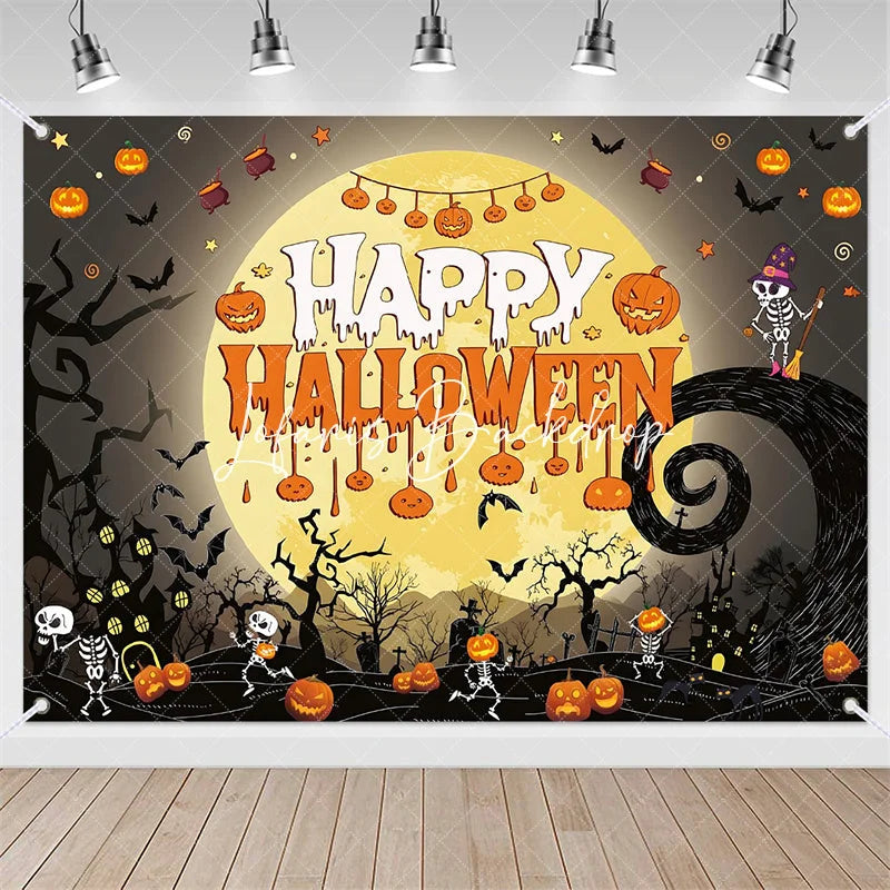 Lofaris Spooky Halloween Party Backdrop Full Moon Pumpkins Skeletons Bats Haunted House Decor for Celebration