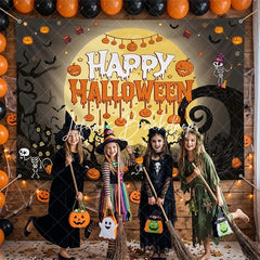 Lofaris Spooky Halloween Party Backdrop Full Moon Pumpkins Skeletons Bats Haunted House Decor for Celebration