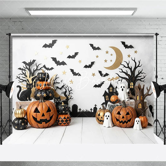 Lofaris Spooky Halloween Photography Backdrop featuring Jack-o-Lanterns Black Cats and Ghosts Festive Party Decor
