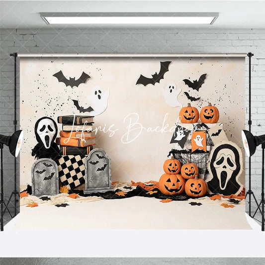 Lofaris Spooky Halloween Photography Backdrop with Jack-o-Lanterns Ghosts and Bats Eerie Gravestone Decor