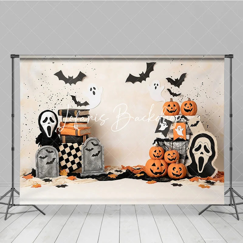 Lofaris Spooky Halloween Photography Backdrop with Jack-o-Lanterns Ghosts and Bats Eerie Gravestone Decor