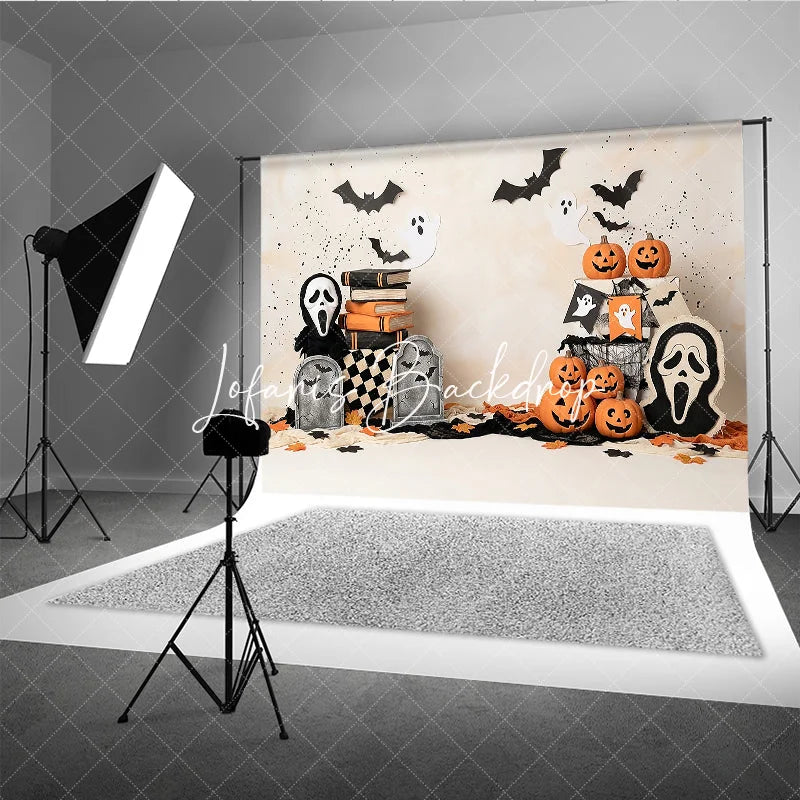 Lofaris Spooky Halloween Photography Backdrop with Jack-o-Lanterns Ghosts and Bats Eerie Gravestone Decor